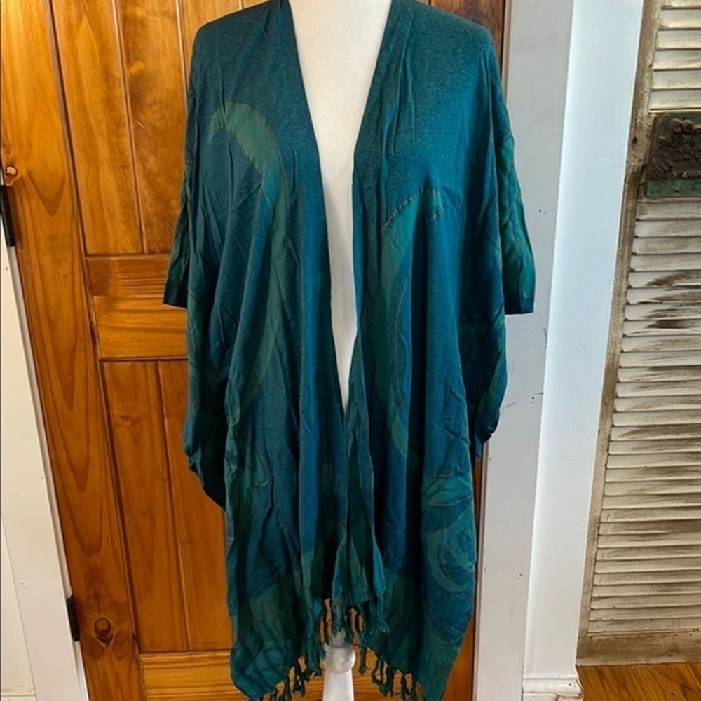 Southwest Indian Foundation Teal Blue Green Kimono Shawl Fringe 1X